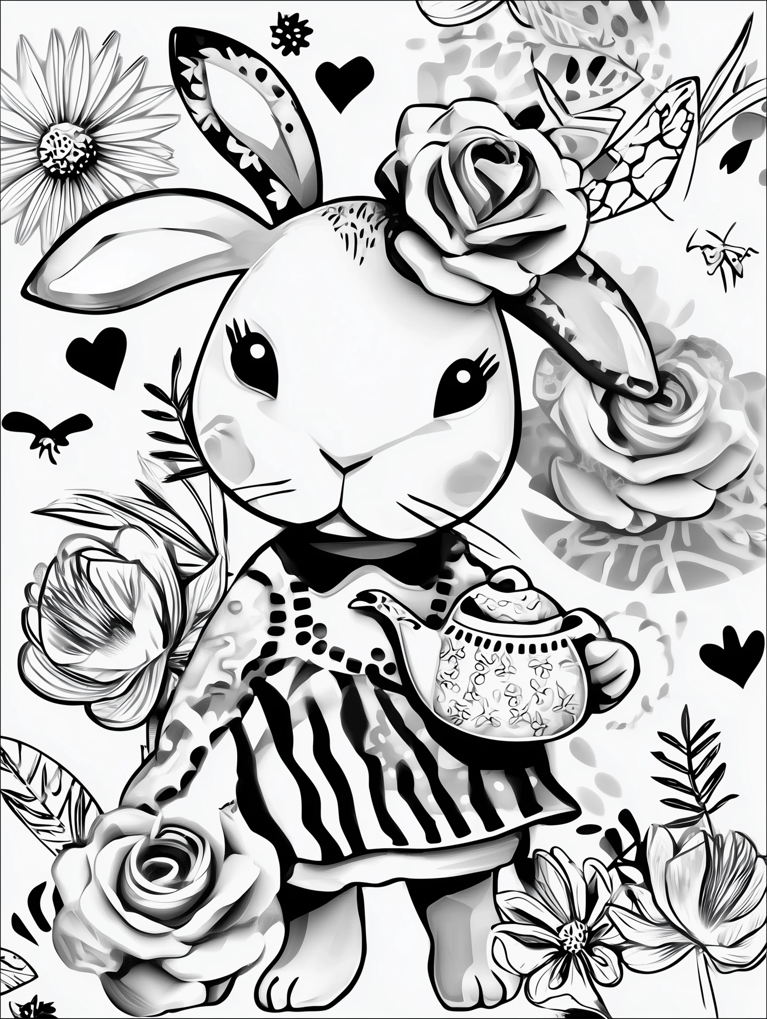 Free printable rabbit coloring page for adults featuring a bunny pouring from a teapot